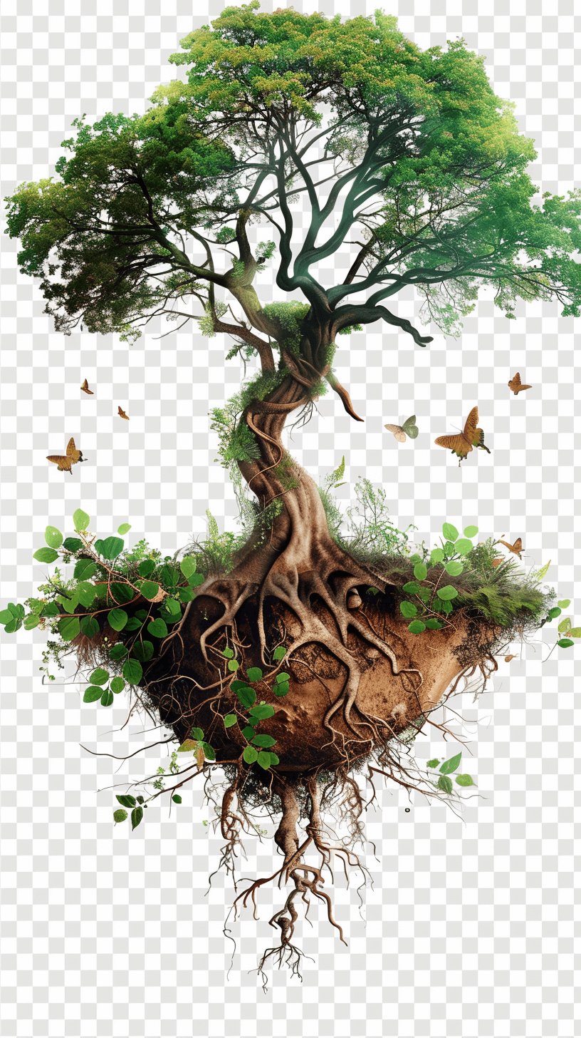 Surrealistic tree with roots and birds flying around, transparent background, png format. The top of the crown is lush green leaves, and there’s an opening in it that you can see into. At its base lies earth with small plants growing from it. In between these two parts of vegetation intertwine as if they were intertwined like vines or branches. There’s also some foliage at bottom left corner of figure.