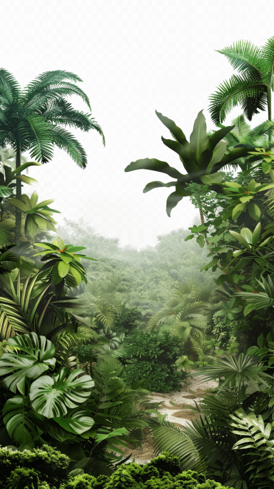 3d render, realistic, ultra detailed, jungle landscape, white background, green plants and trees, hyperrealistic, low camera angle, tropical vegetation, dense foliage, lush foliage, misty atmosphere, tropical rainforest