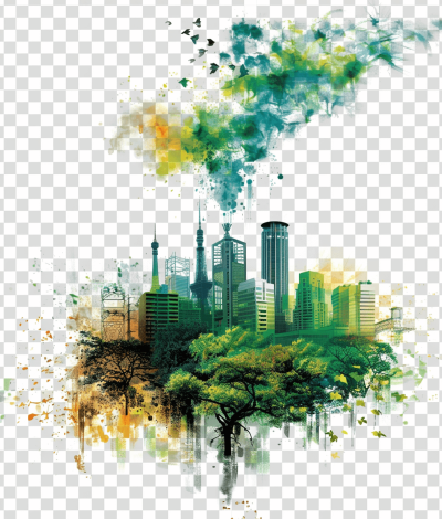 Spiritual watercolor clipart of a green city urban environment with skyscrapers and smoke from chimneys, transparent background, PNG file. in the style of an Artist.