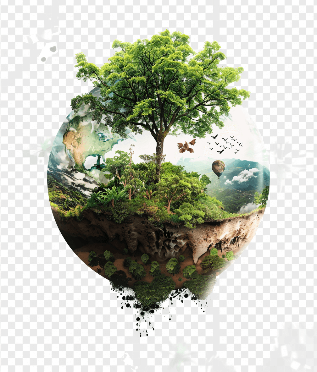 SStar shaped earth with tree and forest on transparent background cutout PNG file, for template design, with white space around elements, high resolution