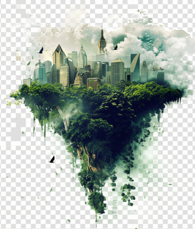 floating island with green jungle and city buildings, transparent background, in the style of double exposure, digital art