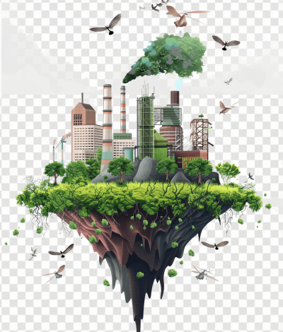 An island floating in the air with green trees and buildings, surrounded by flying birds. On one side of it is an industrial plant emitting smoke from its chimney. The background features a white color, with no other elements present. There is also a transparent png effect. Isolated on a pastel background.