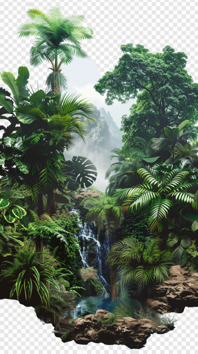 jungle, jungle with waterfall and palm trees, transparent background, png format, hyper realistic, high resolution, high definition. Rephrased to remove repeated "jungle": tropical forest scene with a waterfall and palm trees, transparent background, png format, rendered in a hyper realistic, high resolution, high definition style.