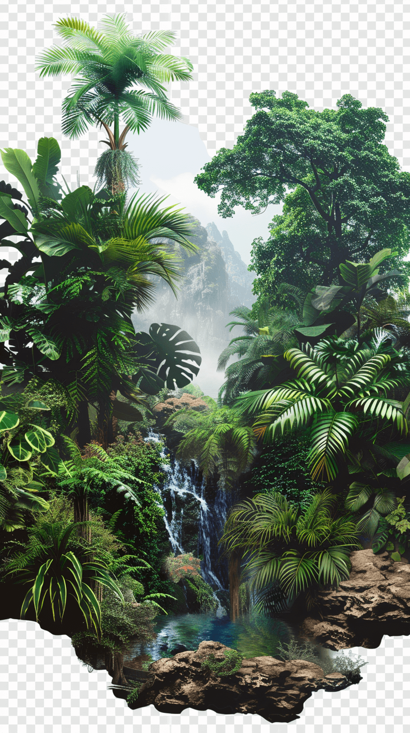 jungle, jungle with waterfall and palm trees, transparent background, png format, hyper realistic, high resolution, high definition. Rephrased to remove repeated “jungle”: tropical forest scene with a waterfall and palm trees, transparent background, png format, rendered in a hyper realistic, high resolution, high definition style.