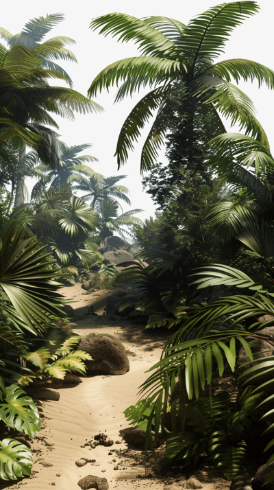 3d render of tropical forest with sand path, low perspective, palm trees, rocks and large leaves