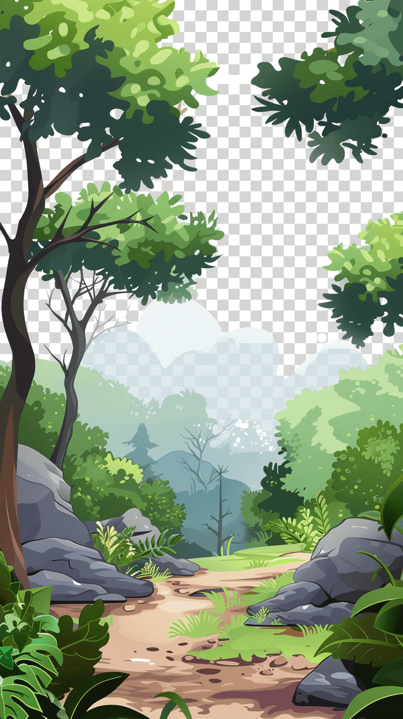 stunning cartoon illustration of an outdoor scene with lush greenery, rocky terrain and trees, transparent background, in the style of png vector.