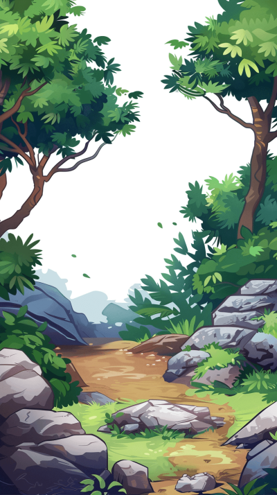 vector cartoon illustration of a green forest with rocks and a dirt path against a white background, in a high resolution vector style.