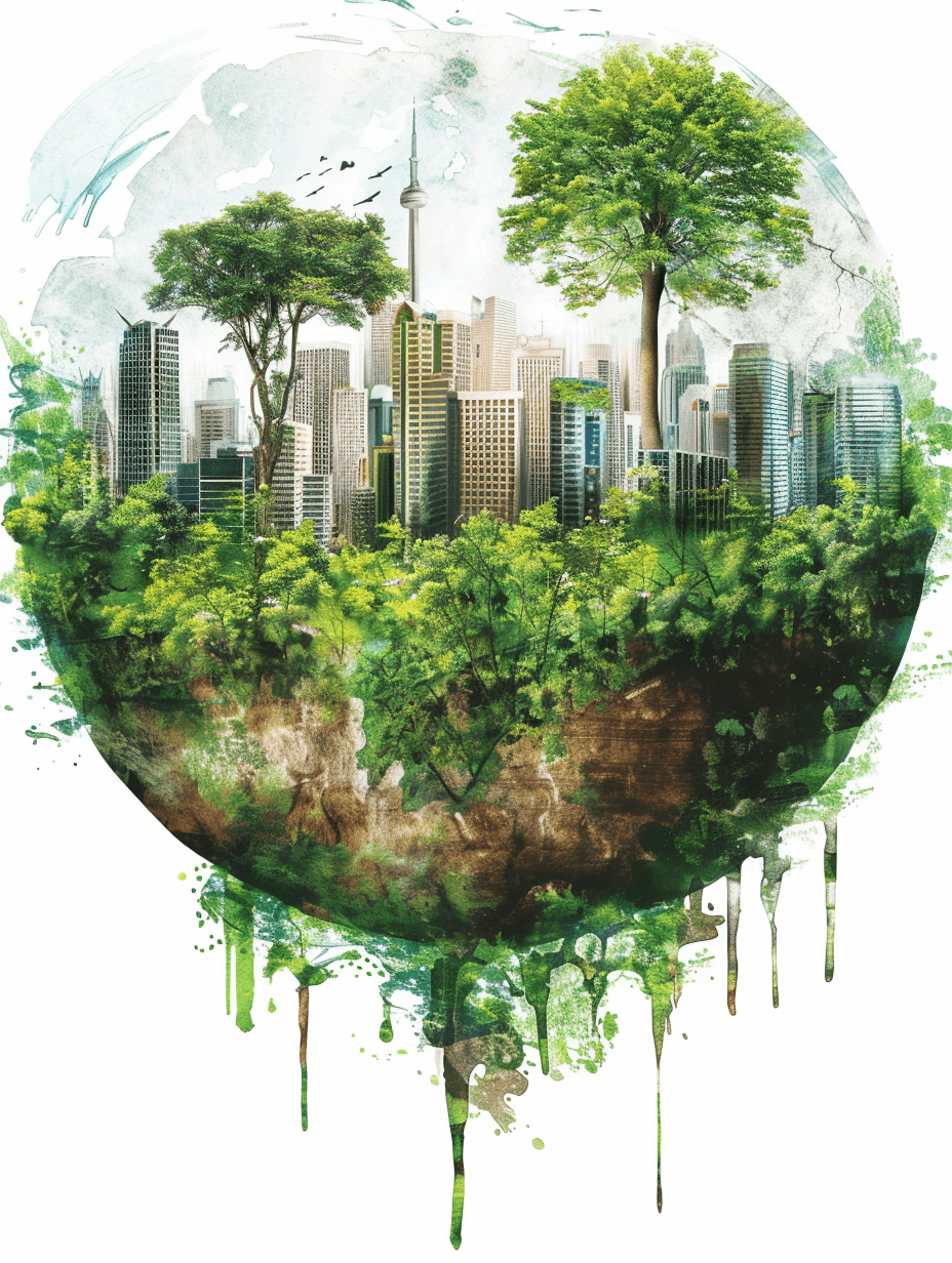 A watercolor realistic, detailed illustration of green trees and buildings in the city inside an earth sphere on white background. The Earth is covered with paint splashes and drips, green color palette, pastel colors, isolated subject, detailed, high resolution, clipart style design for tshirt printing; the focus point should be at eye level. Isolated white background,