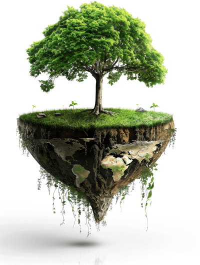 3D Realistic World Wildlife Day. A green tree on a floating island with earth and roots against a isolated white background, as a detailed illustration, in a high resolution, professional photograph. The ultrahigh resolution details of the images showcase intricate textures and natural colors in an incredibly realistic style, suitable for stock photography, with HDR and crisp sharp focus, depth of field.