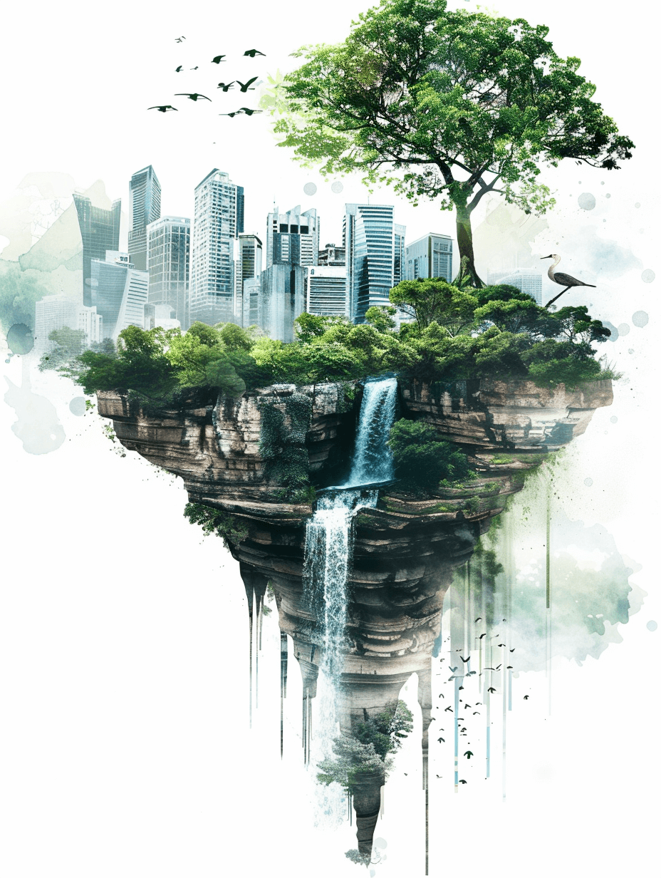 A digital art piece of an island floating in the air, with greenery and waterfalls on one side, skyscrapers on another, set against a white background. The scene is detailed with brush strokes and shading to give depth and texture. There is also a large tree hanging over part of it, adding to its natural feel. This design would be suitable for graphic designs related to nature, cityscapes, fantasy landscapes, or environmental themes. It could evoke feelings like tranquility, adventure, exploration. The scene is depicted in the style of brush strokes and shading to give depth and texture.