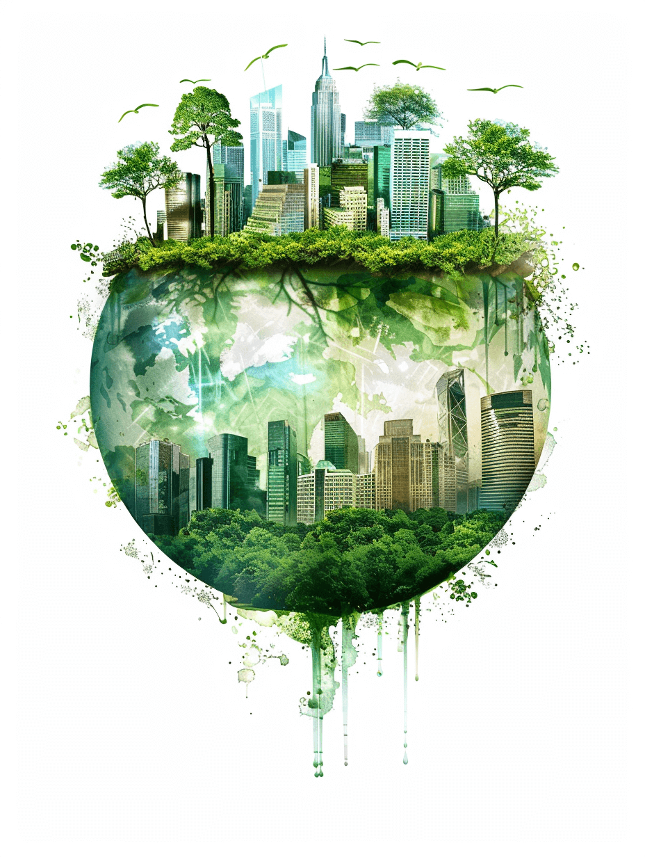 A creative poster of the Earth with greenery and skyscrapers, representing environmental protection and sustainability isolated on white background lens realistic studio lighting