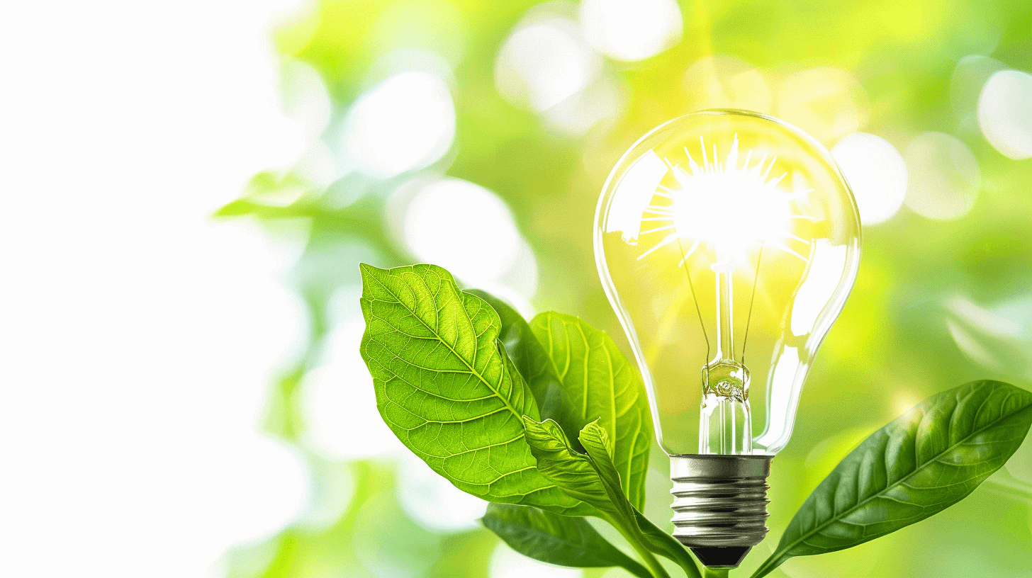 Light bulb with green leaves on blurred background of sun rays and nature, concept for energy sustainable living , flare light sharp focus, high resolution photography, insanely detailed, natural lighting, intricate details, stock photo