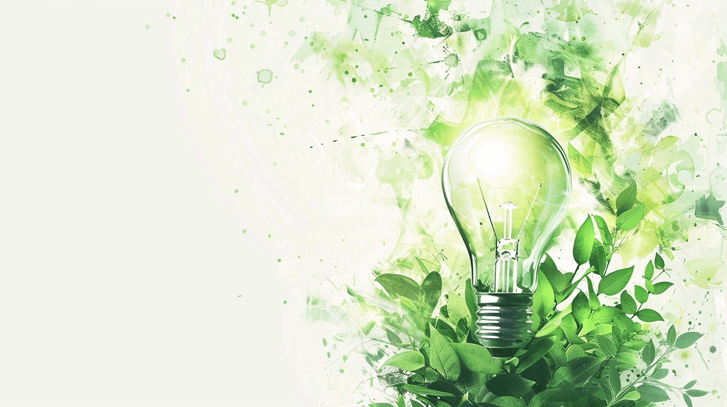 A light bulb with green leaves and energy particles on a white background, in the watercolor style with a green color palette. Available in high resolution and large canvas sizes with light beige and emerald styles on light gray backgrounds. PNG images with transparency and a transparent glass effect.