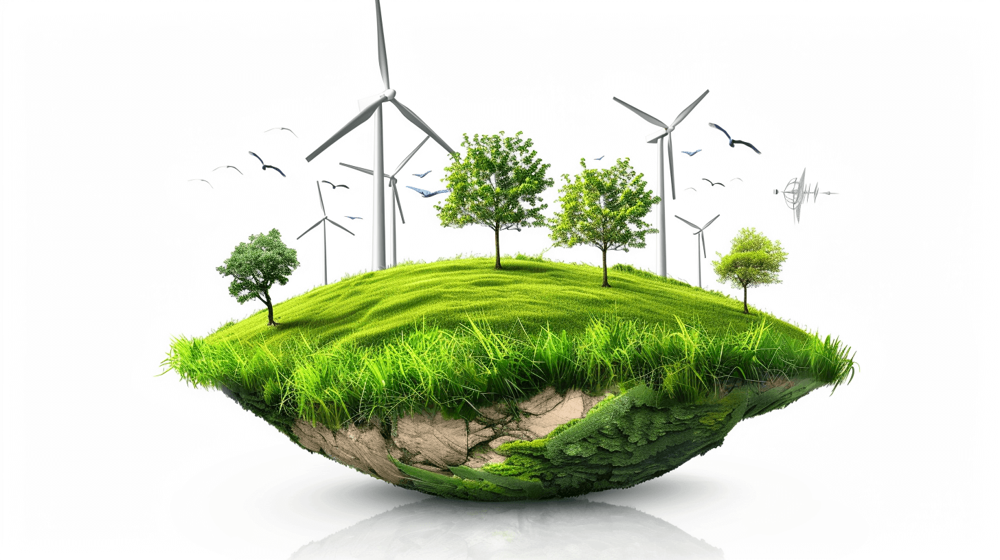 A floating island with wind turbines and trees, representing green energy against white background. The grassy surface of the earth is green.