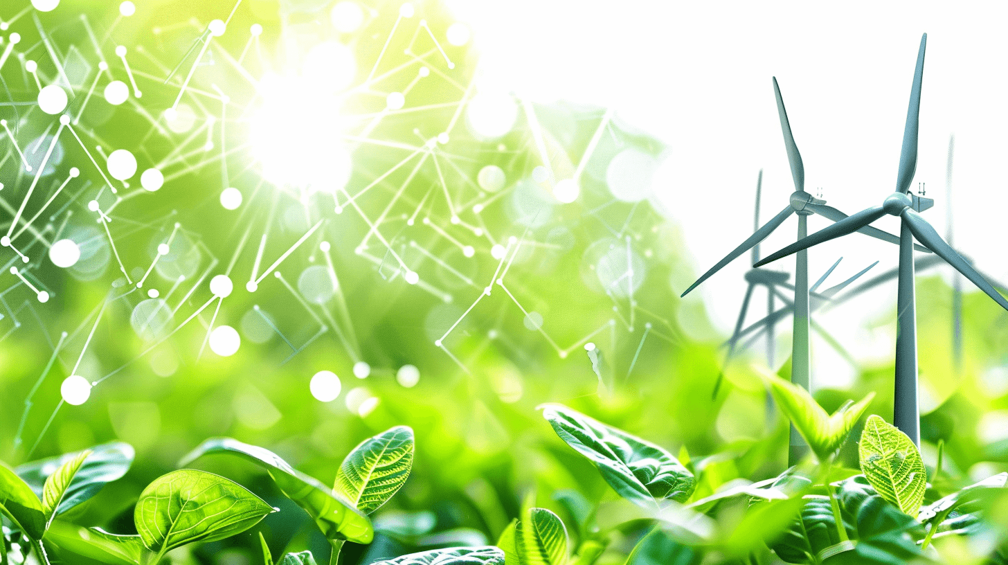 A background of green leaves and wind turbines with an abstract network grid in the foreground, symbolizing sustainable energy technology. The sun shines brightly on it in the style of an impressionist artist.