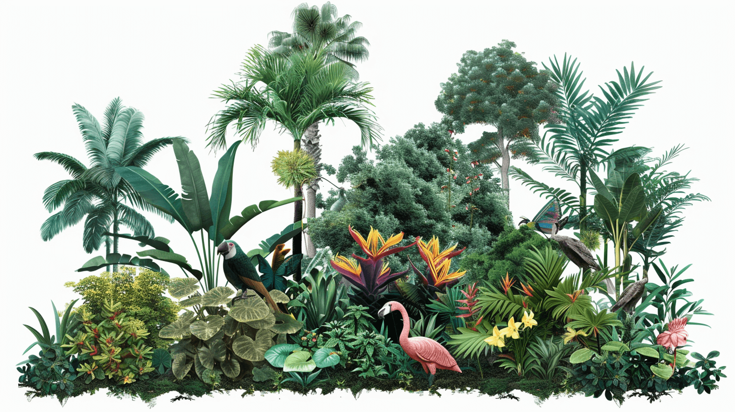 A realistic illustration of an exotic rainforest garden with lush green foliage, palm trees and tropical birds. The jungle is filled with different types of plants such as monstera leaves, ferns, grasses and flowers in various colors including pink, yellow, orange and red. There is also one flamingo standing near the edge of the scene. It should be a full body shot on a white background. In the style of watercolor.