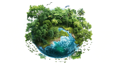 A creative illustration of Earth with lush green forests, blue oceans and diverse wildlife, symbolizing environmental care. With a white background, this piece is in the style of ultra realistic photography.