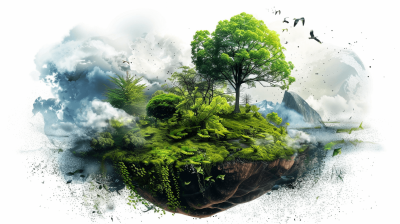 Surreal digital art of an island floating in the air, with lush greenery and wildlife, symbolizing environmental protection. white background