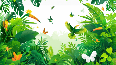 flat vector illustration of a green jungle with birds and butterflies on a white background, high resolution clip art in the style of simple lines and flat colors. The vector artwork has a cartoon style suitable for children's book illustrations with a flat design and flat coloring. The image has high quality, flat shading, high contrast, high definition, high sharpness, high focus and high depth of field.