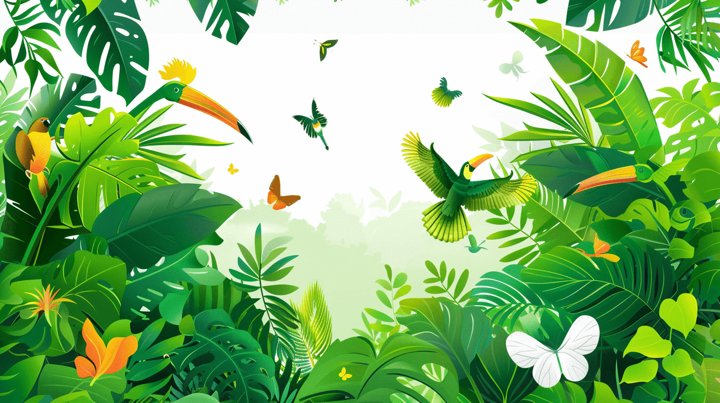 flat vector illustration of a green jungle with birds and butterflies on a white background, high resolution clip art in the style of simple lines and flat colors. The vector artwork has a cartoon style suitable for children’s book illustrations with a flat design and flat coloring. The image has high quality, flat shading, high contrast, high definition, high sharpness, high focus and high depth of field.