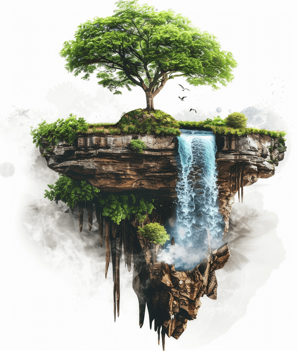 A flying island with a tree and waterfall, in the fantasy digital art style on a white background as a transparent PNG image.