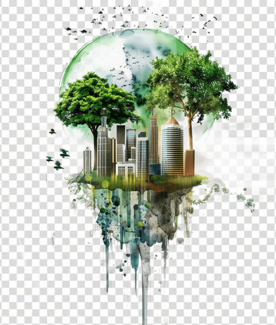 Eco-friendly environment illustration of green trees and buildings on planet Earth in the style of watercolor art. Transparent background PNG format for easy use with a white background.