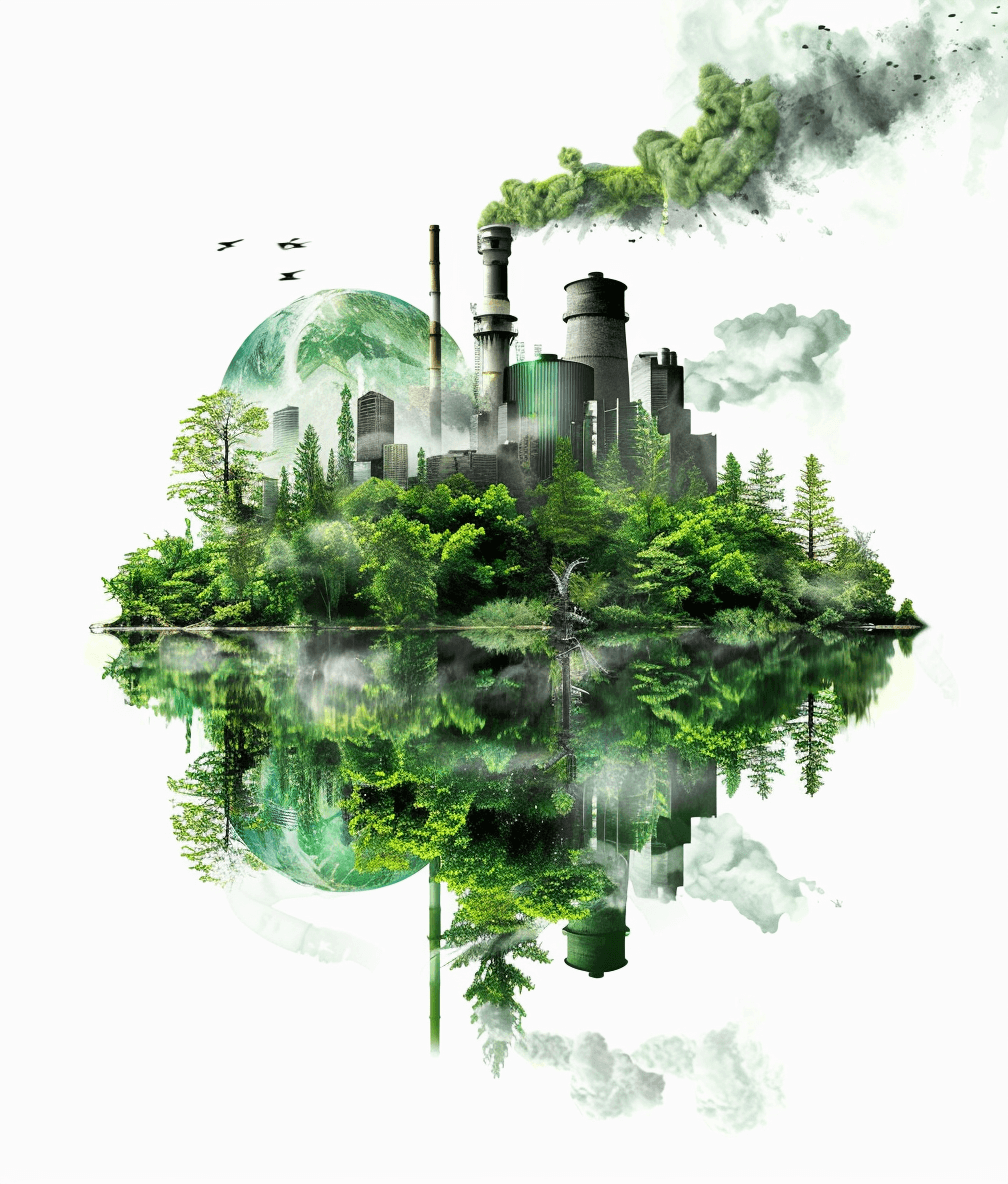 A green earth with factory chimneys and trees, double exposure photography, cartoon style, white background, 3D rendering, poster design, high resolution, white space in the middle of the picture, high definition, reflection water surface. Green leafy plants grow on both sides of an island surrounded by smoke from industrial recording towers. The entire scene is reflected in crystal clear lake water. White background. Highdefinition.