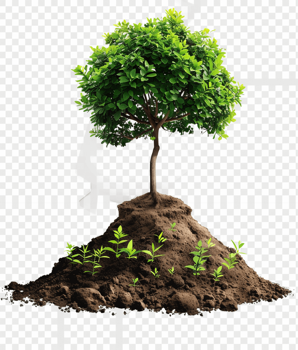 a small tree growing from the top of dirt pile, png clipart isolated on transparent background