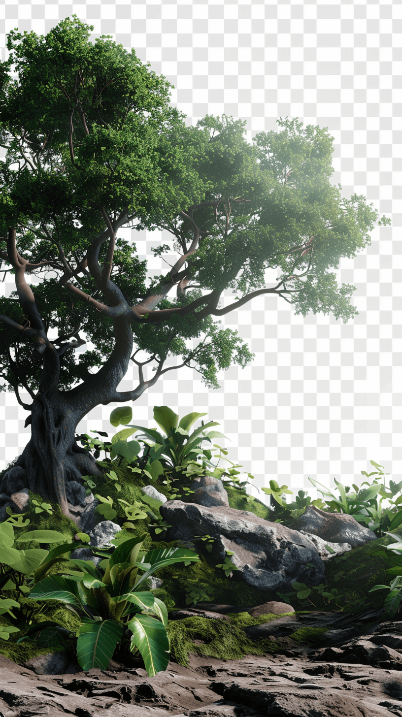 A large tree with green leaves and branches on the ground, surrounded by rocks and vegetation, with a transparent background, high resolution, hyper realistic game art in the style of Unreal Engine rendering, high definition