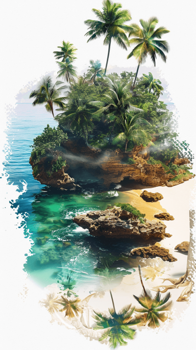 Create an artistic digital artwork featuring a tropical island with palm trees, sandy beaches, and crystal clear waters. The scene includes rocks in the water near beach. In one corner of the design is another small rocky outcrop. This piece should have an enchanting and dreamy feel, perfect for print on demand products like tshirts or bags. Isolated white background,