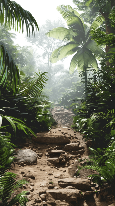 3D render of a jungle path in a misty atmosphere, surrounded in the style of palm trees and ferns, rocks on the ground, perspective view from a low angle, high resolution.