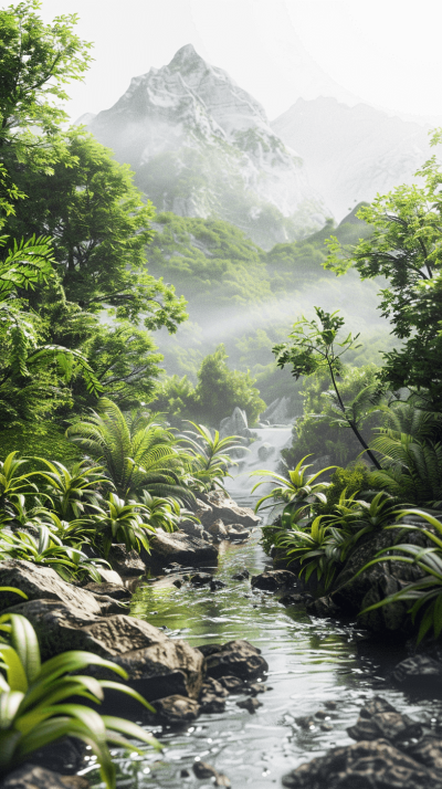 3D rendering, vast jungle with misty mountains in the background, a stream flowing through it and surrounded by lush green vegetation, highly detailed, high resolution, professional photograph, SuperResolution, Megapixel, Canon EOS1D X Mark III, f/8