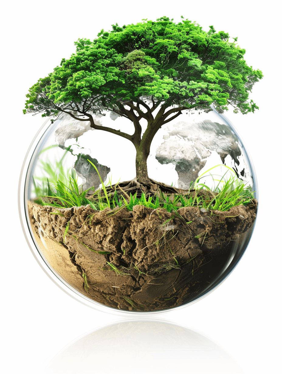 World environment day concept, tree growing on earth inside glass sphere isolated white background with clipping path ,all focus and sharpness in center of frame