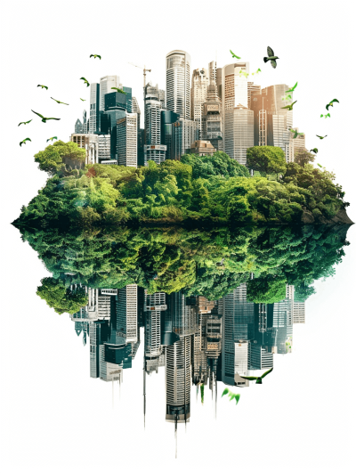 A floating island with green trees and buildings on it, white background, surrounded by flying birds, modern city center architecture, reflections of skyscrapers in water, urban landscape photography, wideangle lens, high dynamic range, natural light, ecofriendly theme. in the style of double exposure.