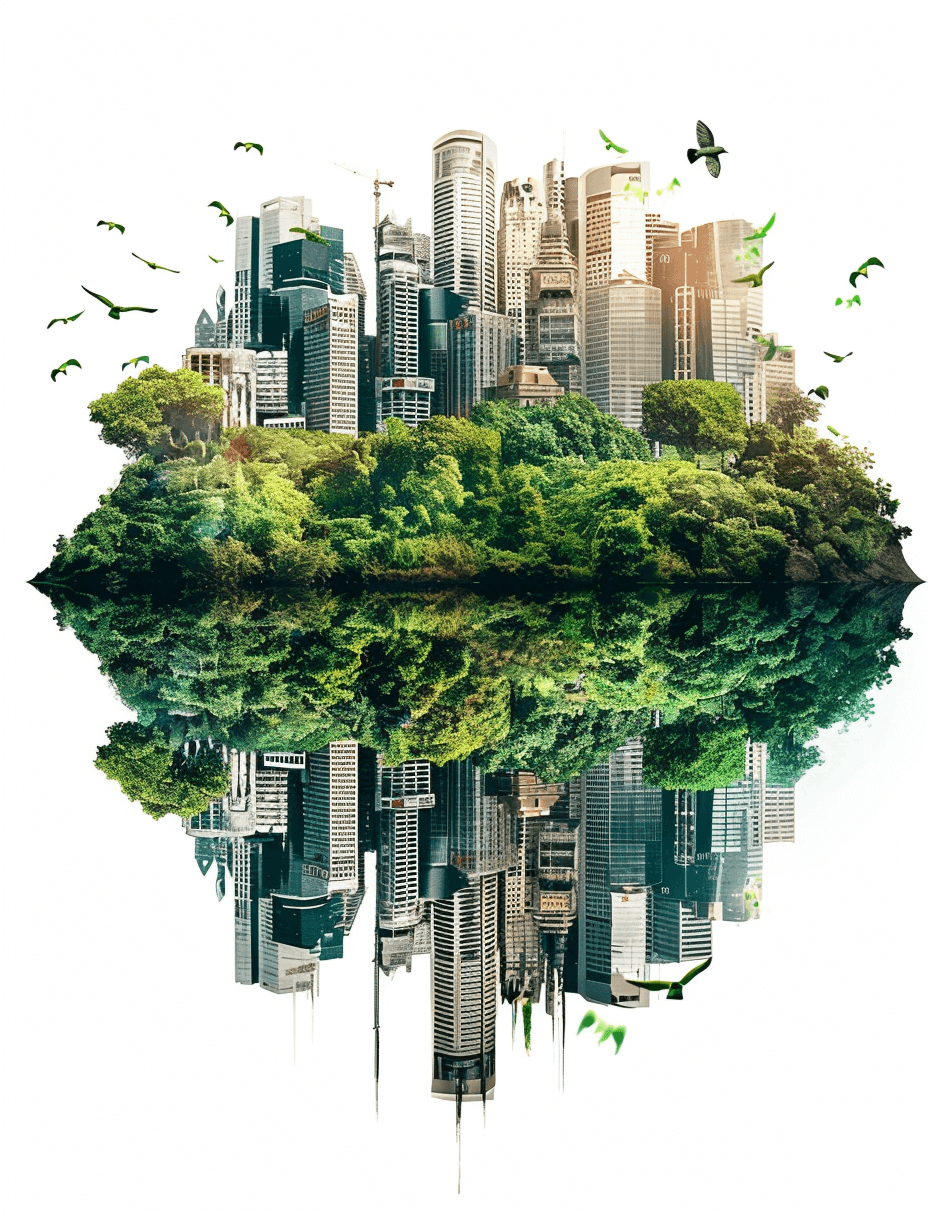 A floating island with green trees and buildings on it, white background, surrounded by flying birds, modern city center architecture, reflections of skyscrapers in water, urban landscape photography, wideangle lens, high dynamic range, natural light, ecofriendly theme. in the style of double exposure.