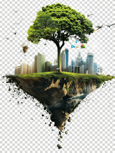 A green tree floats on the earth, with city buildings and animals around it. The background is transparent. A small island has been carved out of soil in front of the floating grassland, with urban elements such as tall skyscrapers, flying cars, birds, rabbits and other wildlife inside. The art is in the style of high definition photography and is in PNG format.