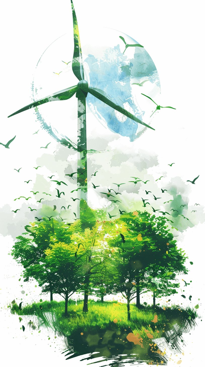 A wind turbine in the background, green trees and birds flying around it, in the style of watercolor illustration, white background, poster design, water color and ink painting, double exposure effect, vector illustration, png format, high resolution, professional quality, high detail, high definition, high contrast, hyper realistic, sharp focus, smooth details, ultra detailed, white background, clipart.