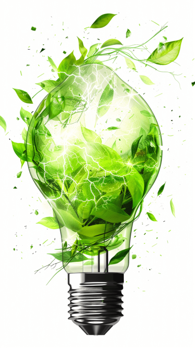 Ecofriendly energy, green leaves and lightning inside the bulb isolated on white background with clipping path