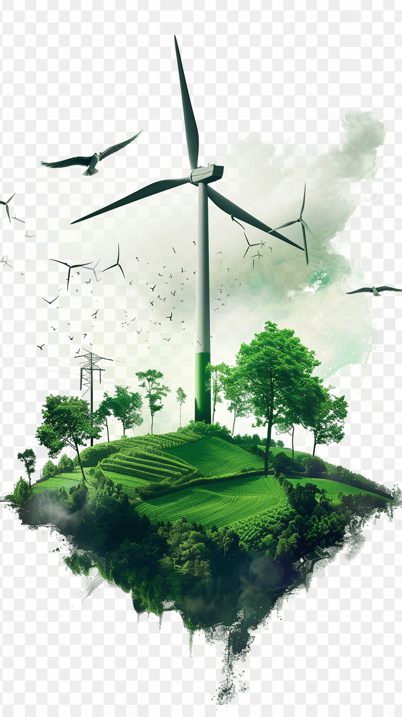 wind power, illustration style, floating island with green trees and grass on it, white background, wind turbines in the air, windmill, flying birds, green color theme, light gray sky, white clouds, realistic, high resolution, detailed, high detail, sharp focus, intricate details, highly detailed, sharp lines, sharp edges, png transparent background