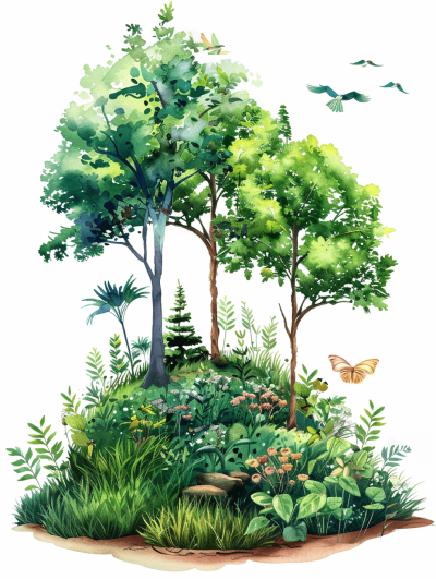 watercolor, forest scene clipart on white background, small green hill with trees and shrubs, some birds flying around the area, butterfly sitting in grassy patch, very detailed