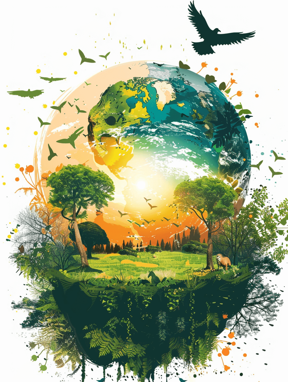 An illustration of the Earth with various greenery and wildlife, such as trees, birds or animals, floating around it in a white background. The planet is centered and surrounded by a colorful splash effect. Vector design for t-shirt printing, in the style of digital art. Isolated on a white background. In vector design, vectorized graphics.