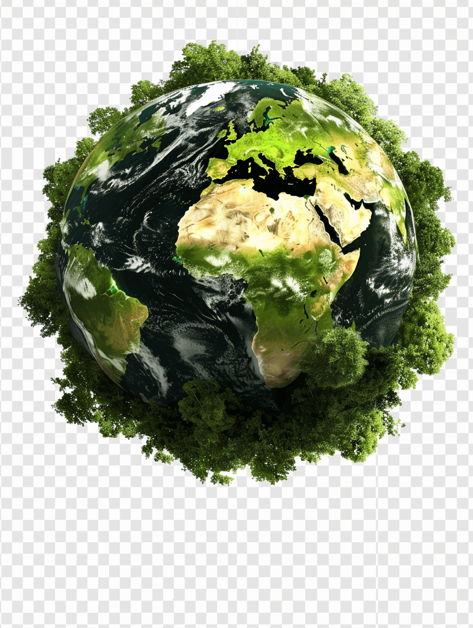 A planet earth with green trees on it, transparent background, png format.