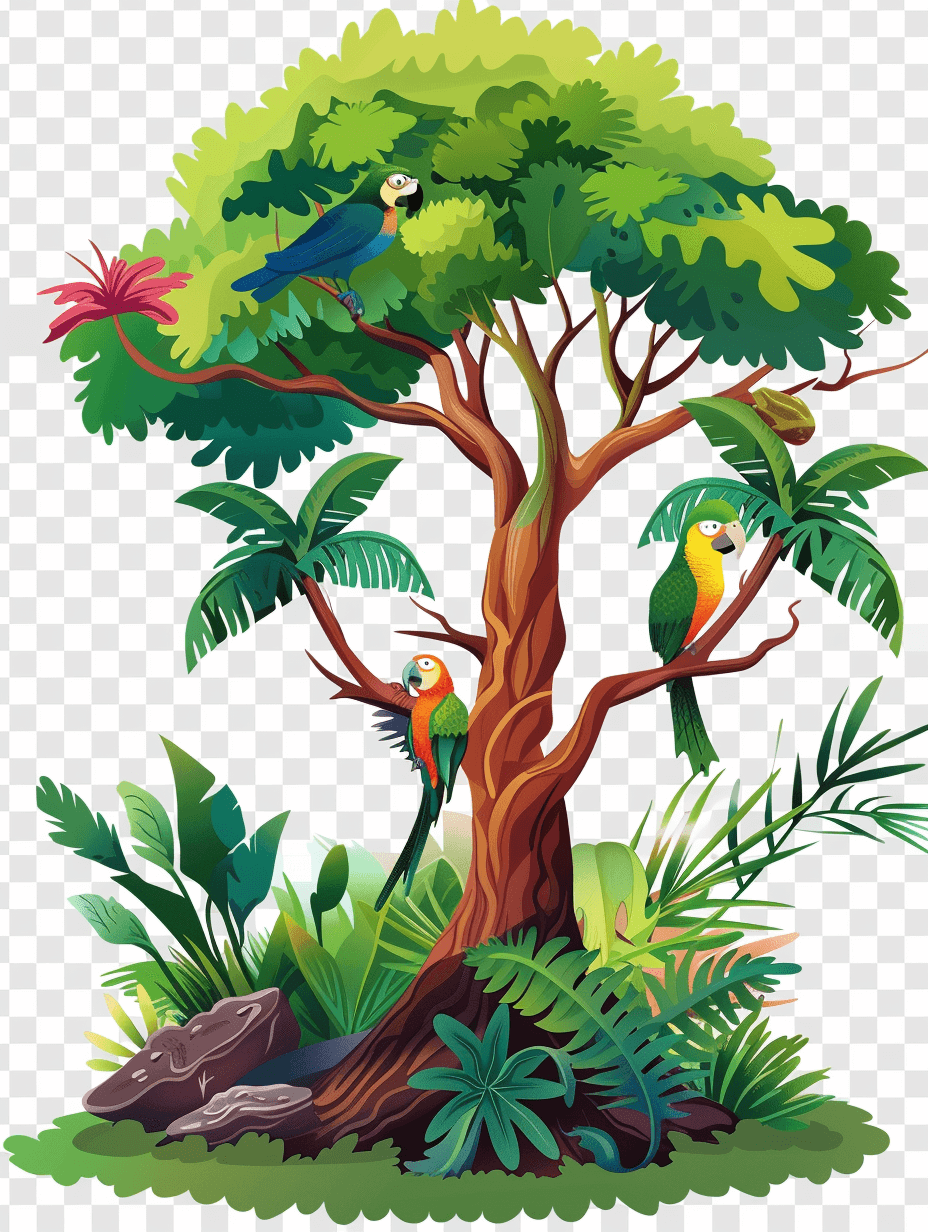 A cartoon tree with parrots and tropical plants, in a clip art style, with a jungle theme background, PNG image with a transparent white background, high resolution