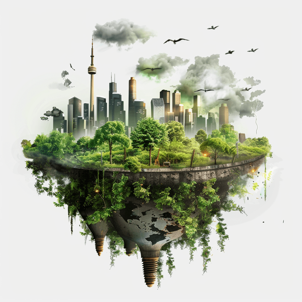 A floating island with green trees, buildings and birds in the city of Toronto on it. The bottom half is an earth light bulb with clouds around it, on a white background. Vector art, flat design, digital illustration in high resolution, high detail, and high quality with high sharpness. Hyper realistic, hyper detailed, and hyper photorealistic in the style of octane render.