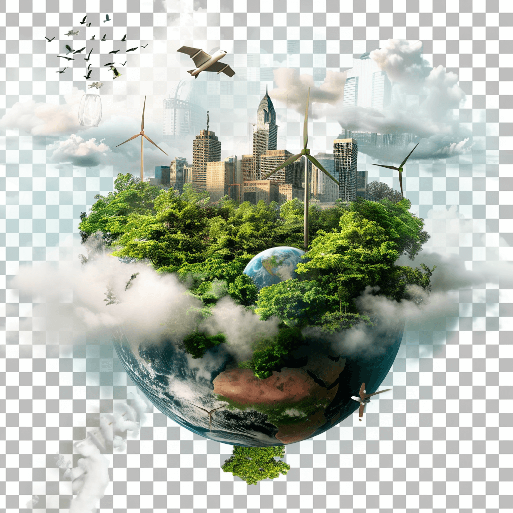 S hd realistic illustration of an earth with greenery and wind turbines, clouds, flying birds, city buildings on transparent background