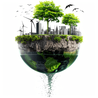 3D rendering of Earth with green trees and buildings on top, water flowing from bottom to center, wind turbines around on a white background, isolated in the middle.