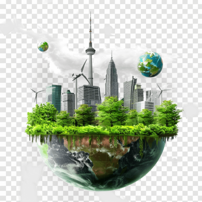 Green Earth with City Skyscrapers and Wind power, transparent background PNG file