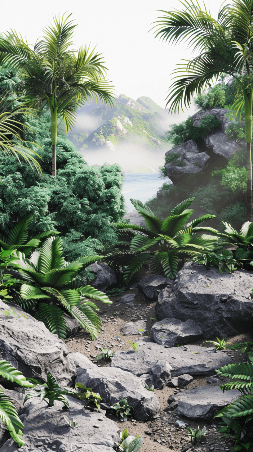 A realistic, high-resolution rendering of a jungle landscape with lush green vegetation and rocks, overlooking an island from a perspective view. The scene includes palm trees, with misty clouds creating a soft background and emphasizing depth. The overall atmosphere is serene and naturalistic, with detailed textures on both the plants and stones.