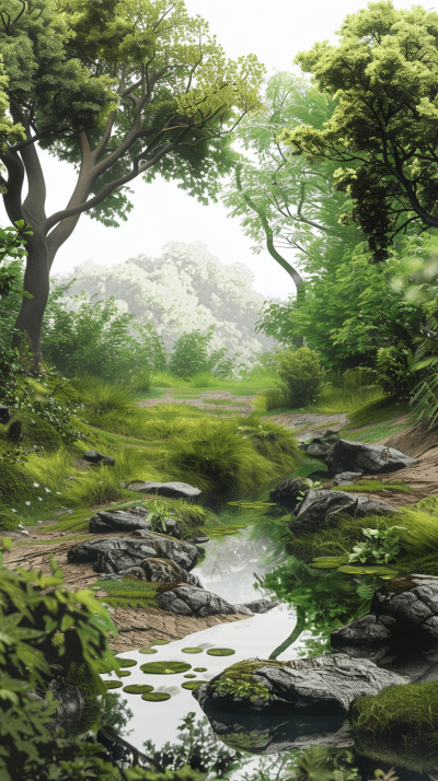 A serene, misty forest clearing with lush greenery and gentle streams, rendered in a realistic style. The focus is on the tranquil atmosphere of nature's embrace, with detailed textures for each element like trees, grasses, rocks, and water features. A winding path leads through the scene, adding depth to the composition. This setting would be ideal as an illustration or background for environmental themes.