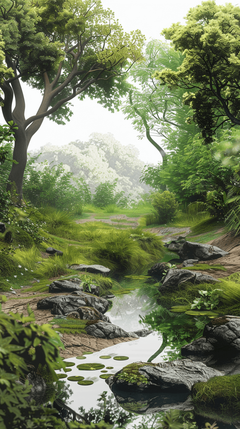 A serene, misty forest clearing with lush greenery and gentle streams, rendered in a realistic style. The focus is on the tranquil atmosphere of nature’s embrace, with detailed textures for each element like trees, grasses, rocks, and water features. A winding path leads through the scene, adding depth to the composition. This setting would be ideal as an illustration or background for environmental themes.